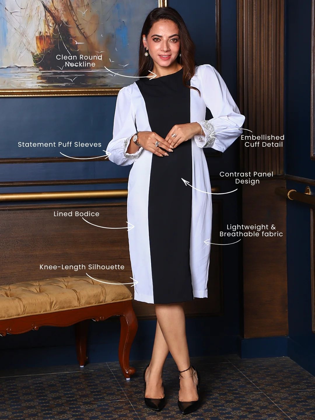 Exude Monochrome Muse Panel Midi Dress