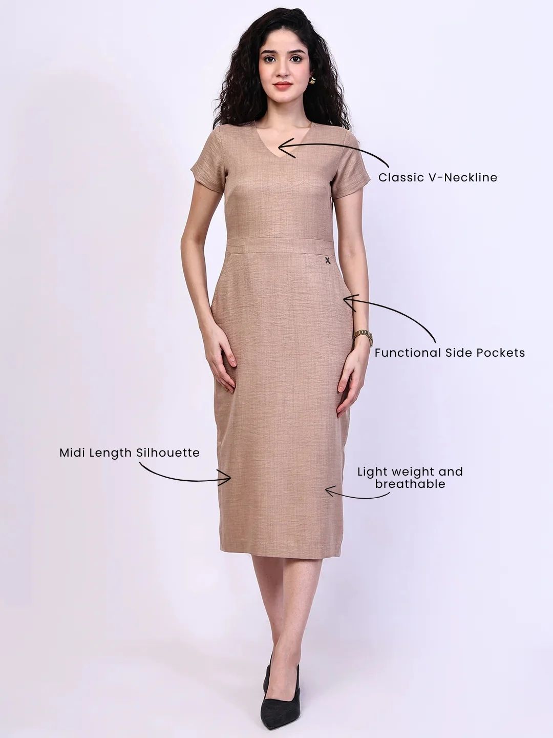Exude Composure Sheath Midi Dress (Beige)
