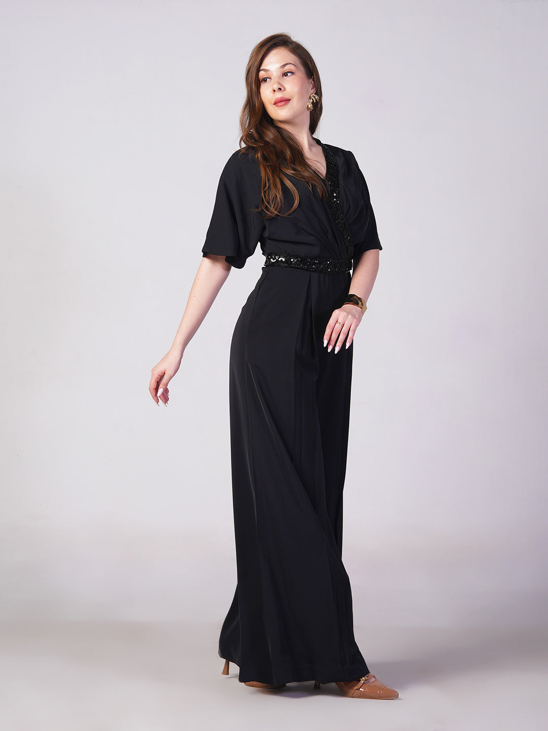 Midnight Black Embellished Wrap Jumpsuit
