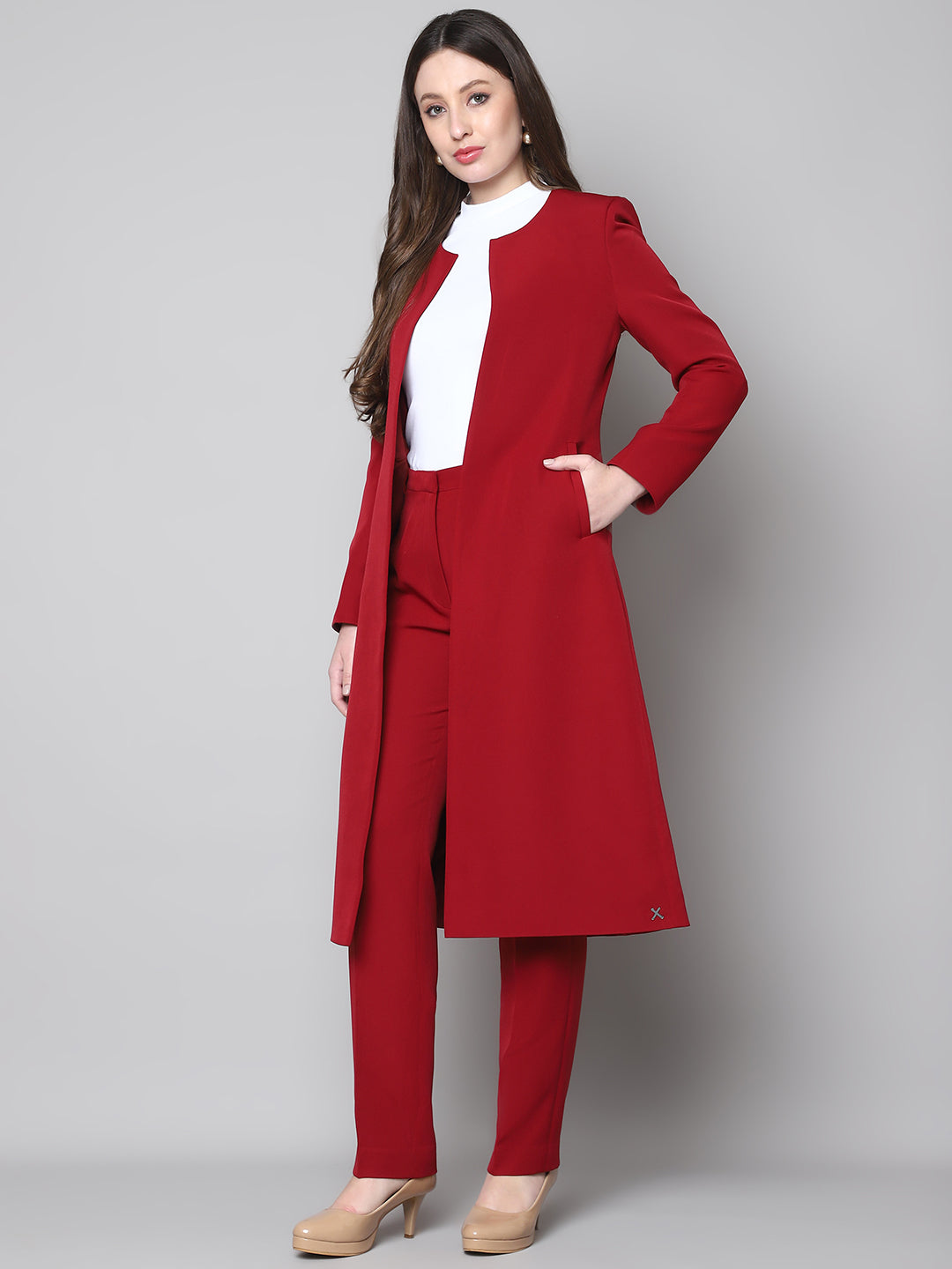 Exude Phoenix Rising Long Blazer and Straight Fit Trouser Red Suit