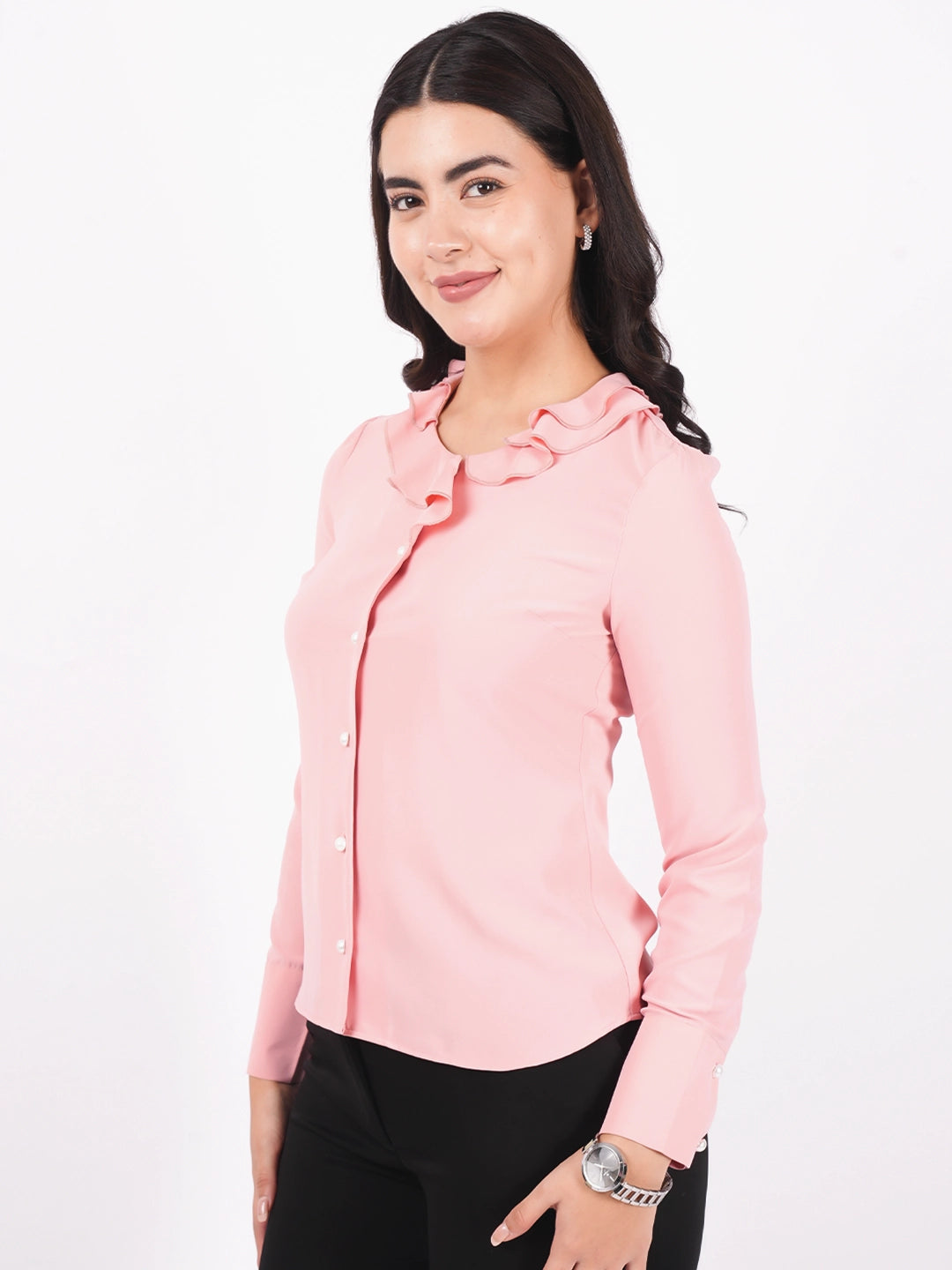 Exude Ruffle Button Top Tops