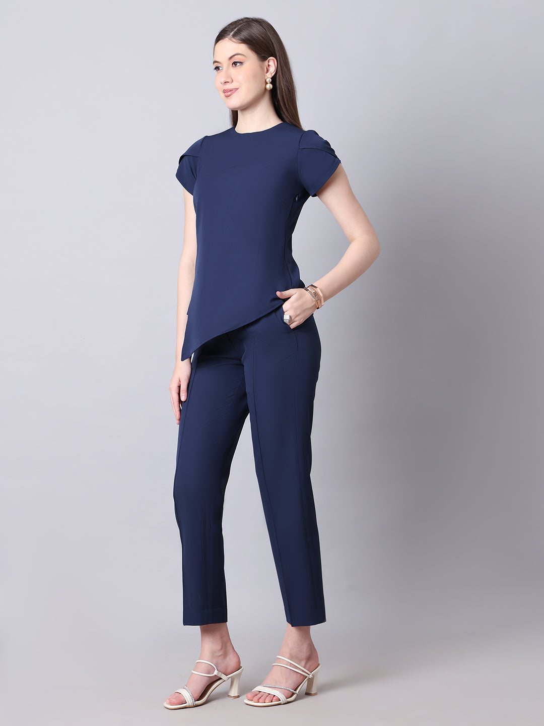 Exude Iconic Asymetrical Top with Straight Fit Trouser Co-ord Navy Co-ord Sets