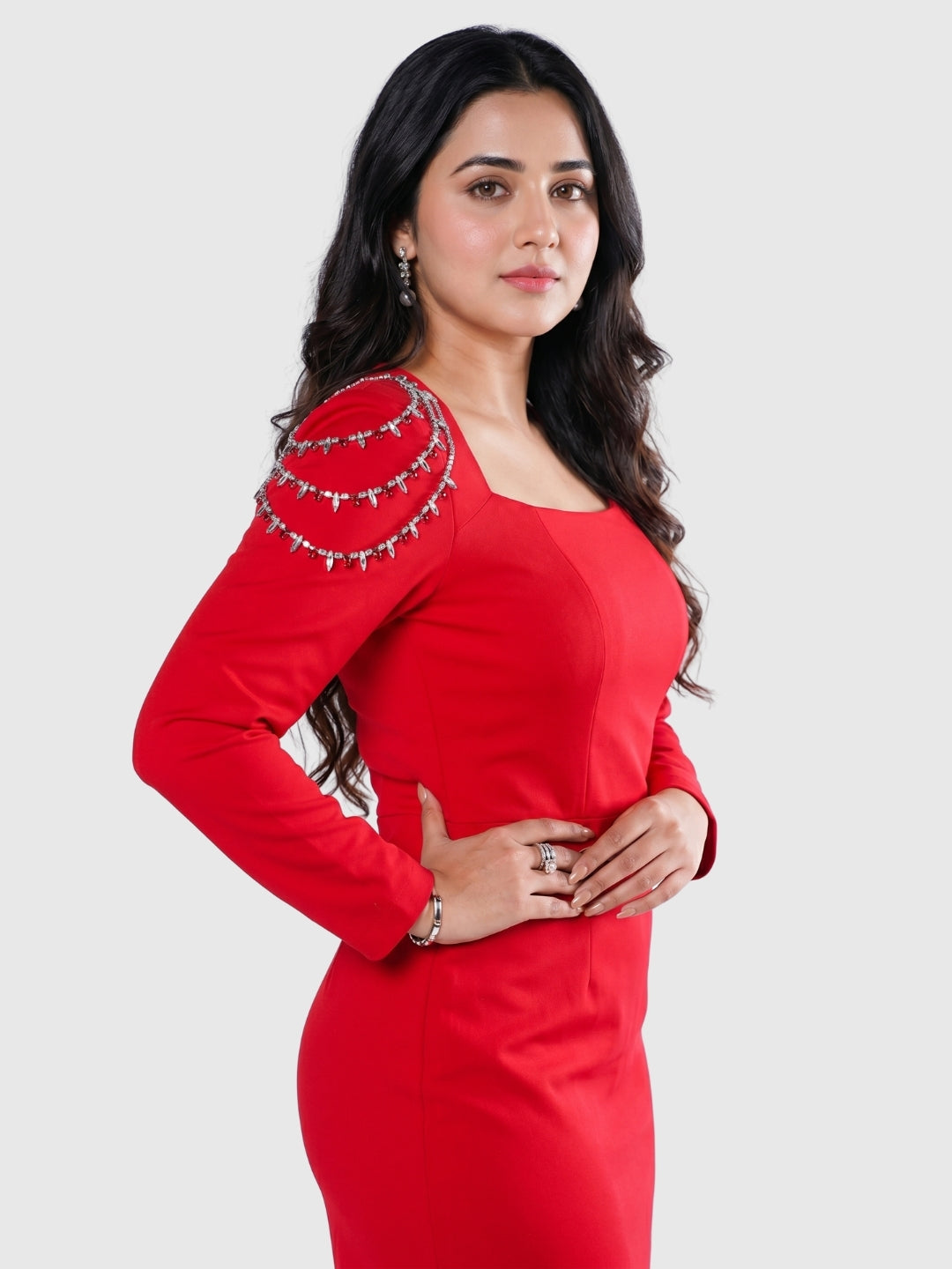 Exude Marina Red Embellished Midi Dress