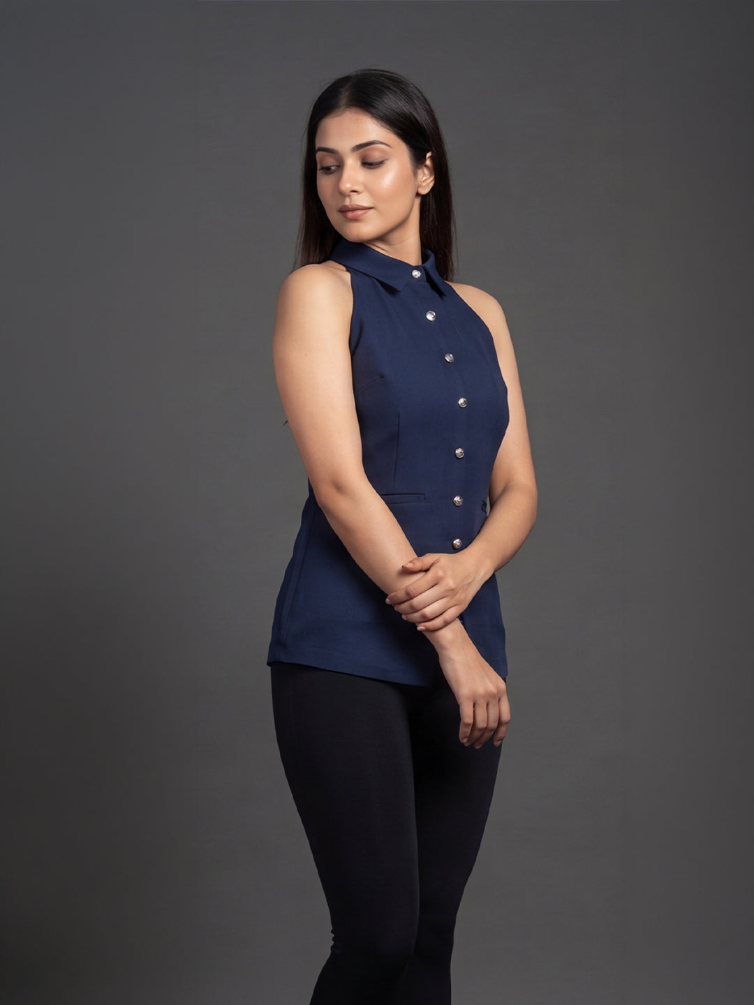 Navy Blue Halter Neck Button-Down Top