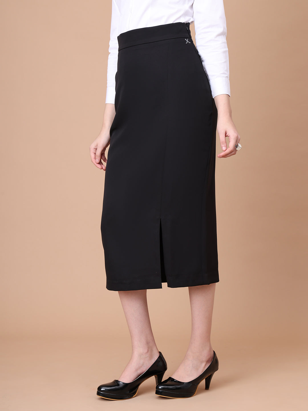 Exude Unstoppable Grace Midi Skirt With Front Slit Black Skirt