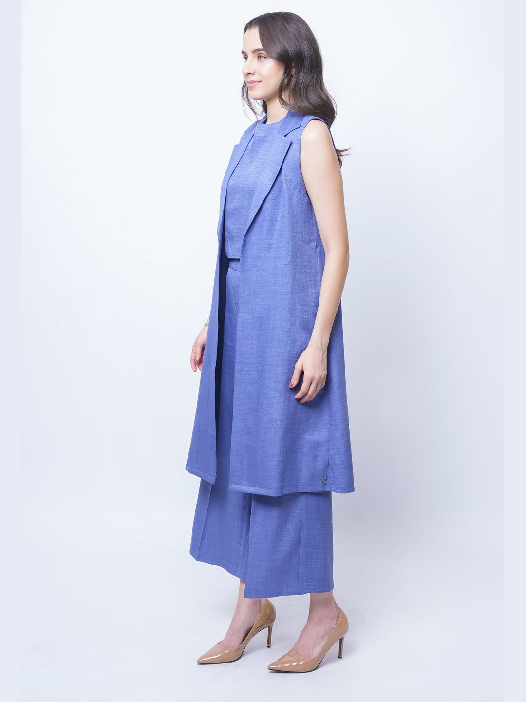 Exude Lustrous Long Jacket , Top with Wide Leg Trouser Twill Blue Co-ord Sets