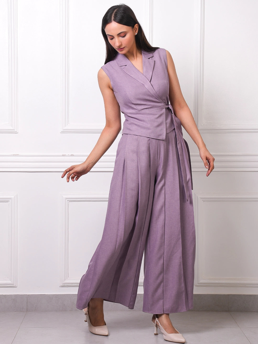 Lilac Linen Wrap Vest & Wide-Leg Pants Co-ord Set