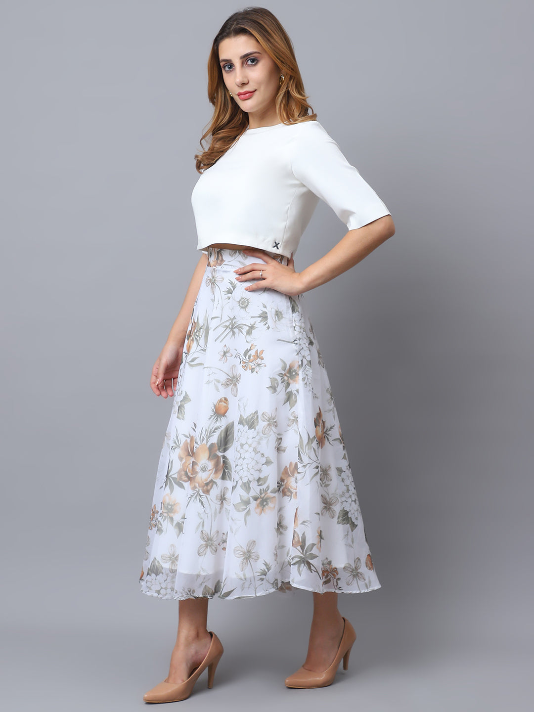 Exude White Bloom Co-ord with Skirt and Top