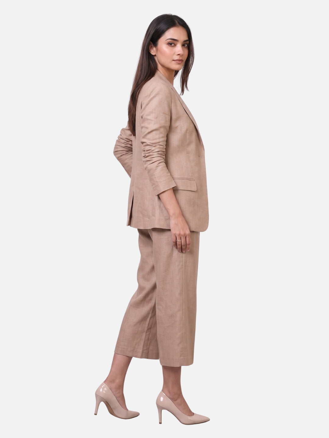 Exude Beige Linen Blazer & Culottes Co-ord Set