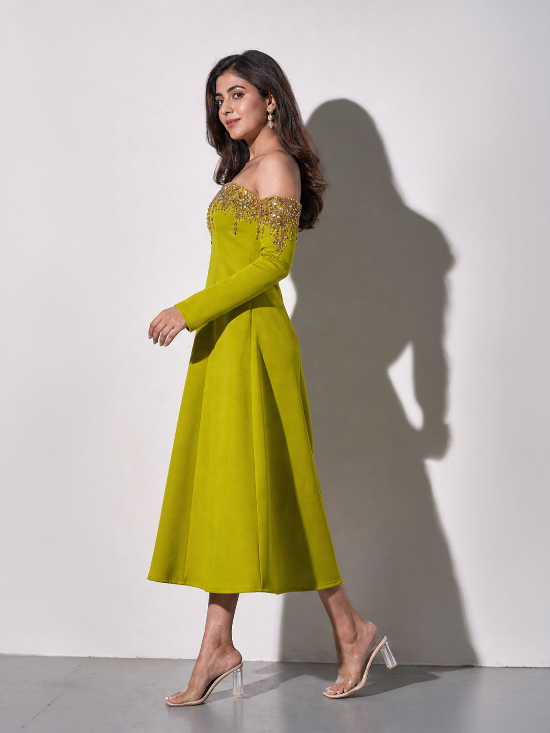 Lime Green Off-Shoulder Embroidered Dress