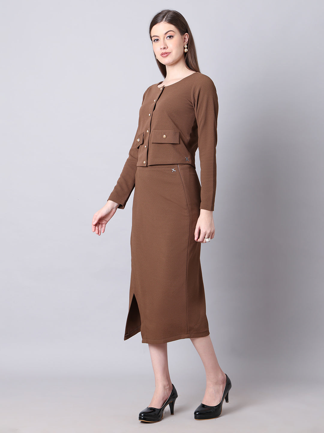 Exude Invincible Crop Blazer Top with Front Slit Midi Skirt Coffee