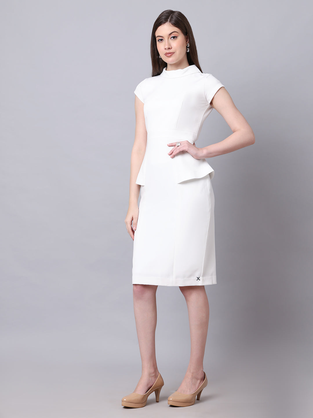 Exude Bold & Beautiful High neck Dress with Cap Sleeves (White)