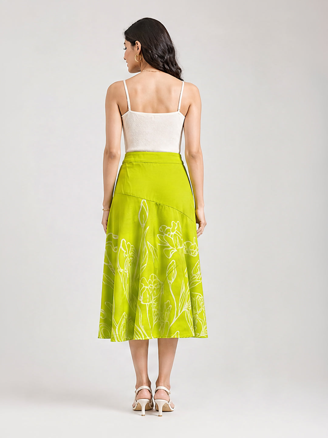 Lime Green Floral Line Art A-Line Midi Skirt