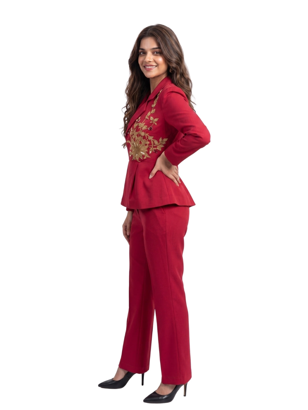 Exude Scarlet Bloom Embroidered Blazer Set