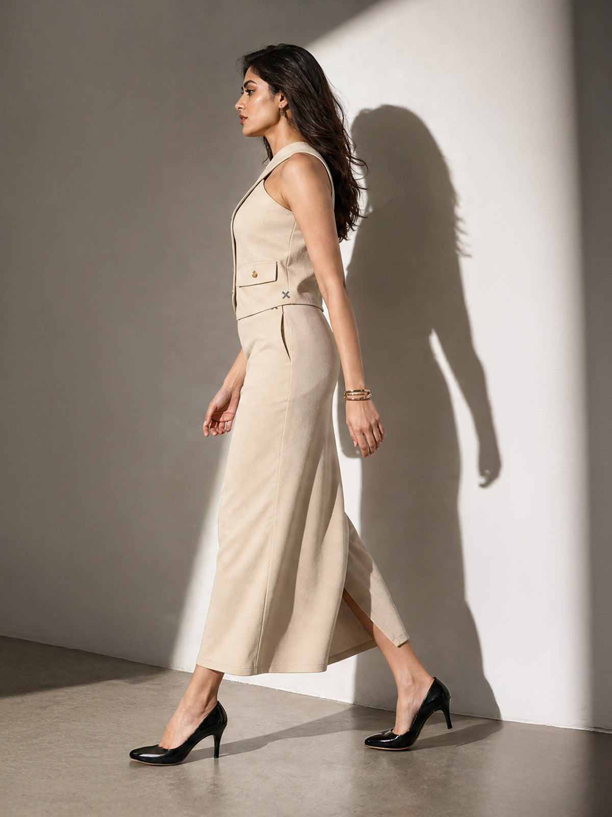 Exude Runway-Ready Long Skirt with Halter Top (Beige)