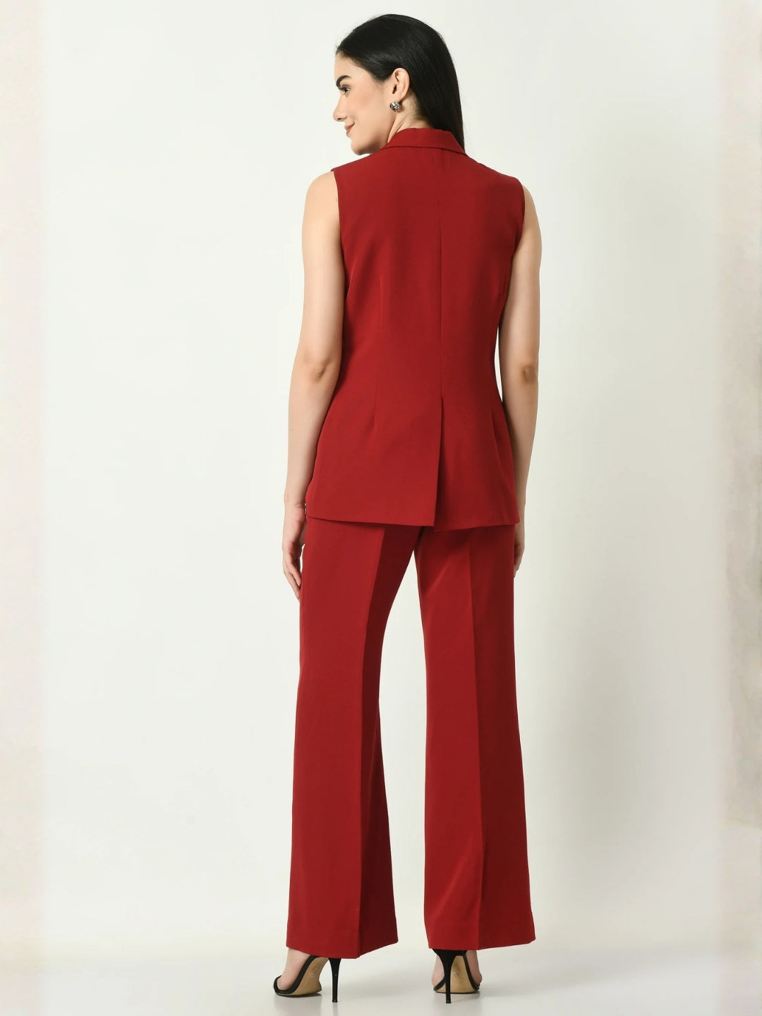 Exude Aspiration Sleeveless Blazer with Bootcut Trousers Red Co-ord Sets