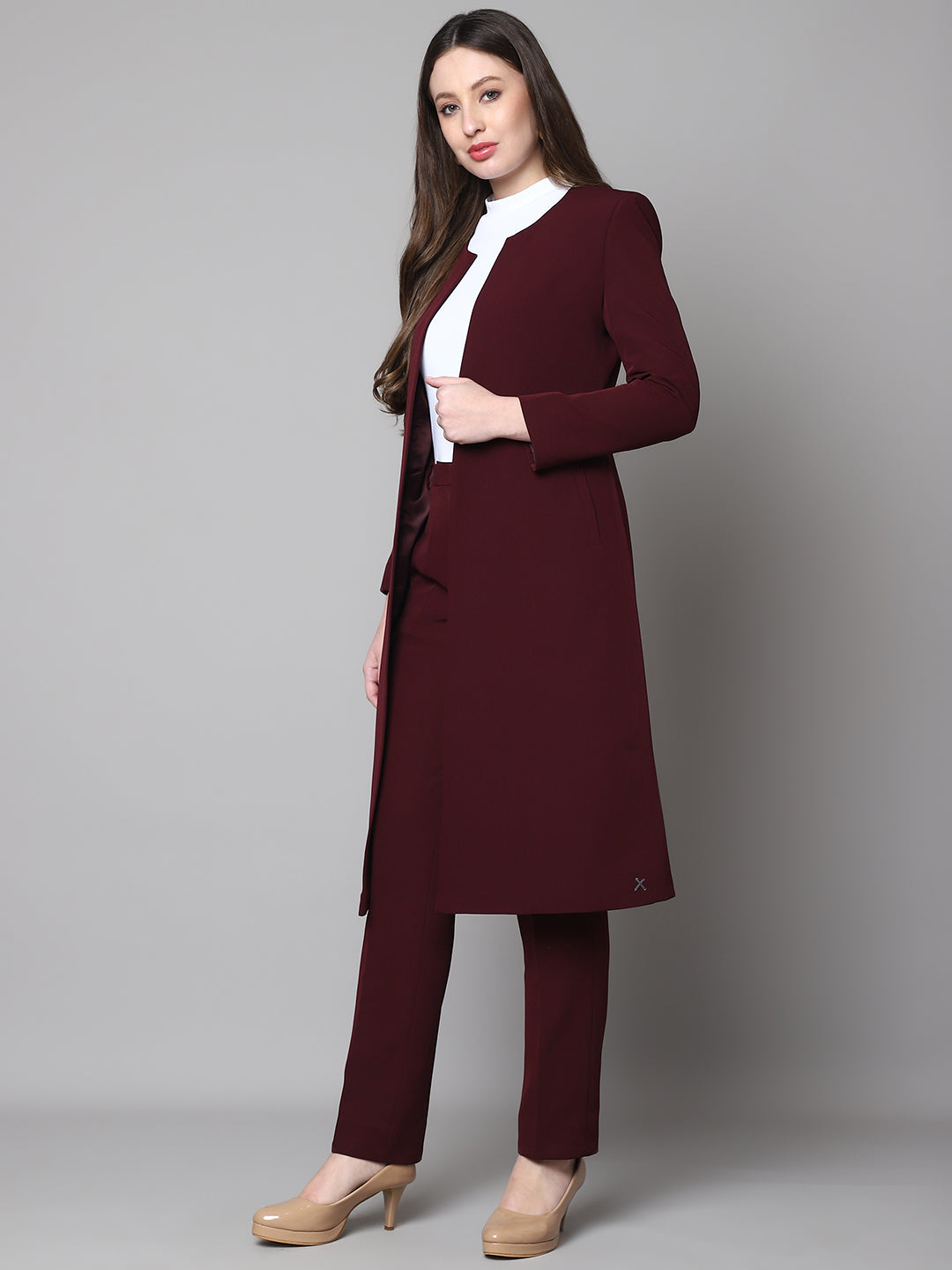 Exude Crowned Confidence Long Blazer Wine Blazers