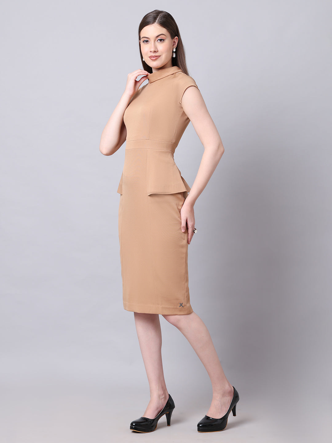 Exude Bold & Beautiful High neck Dress with Cap Sleeves Beige Dresses
