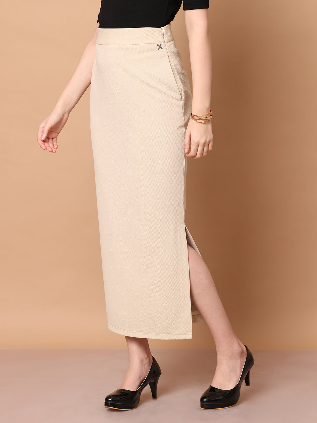 Exude Statement Piece Long Black Skirt with Side Slit Beige