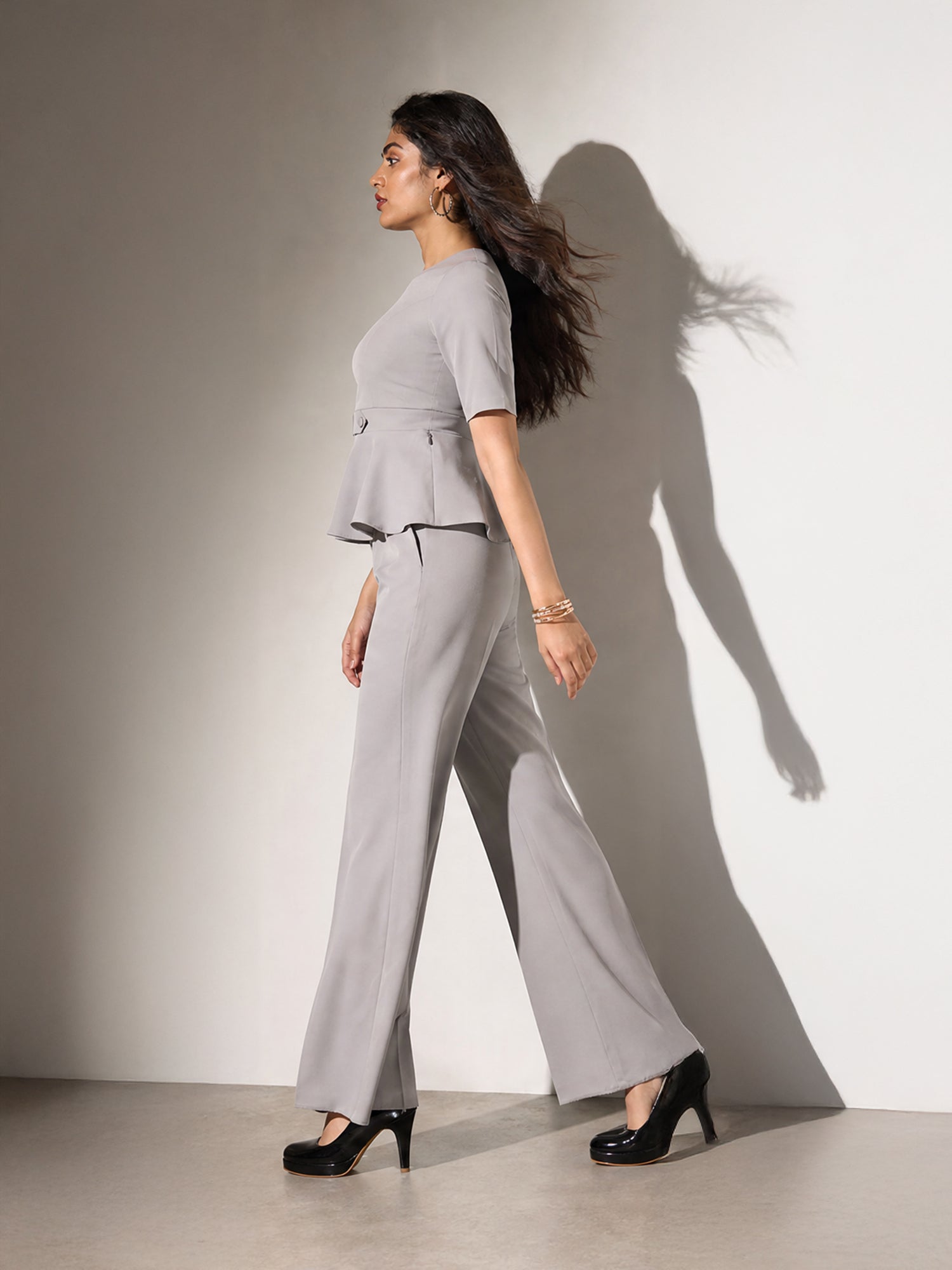 Exude Rise & Roar A-Line Top with Waist Detail, Paired With Matching Bootcut Trouser (Grey)