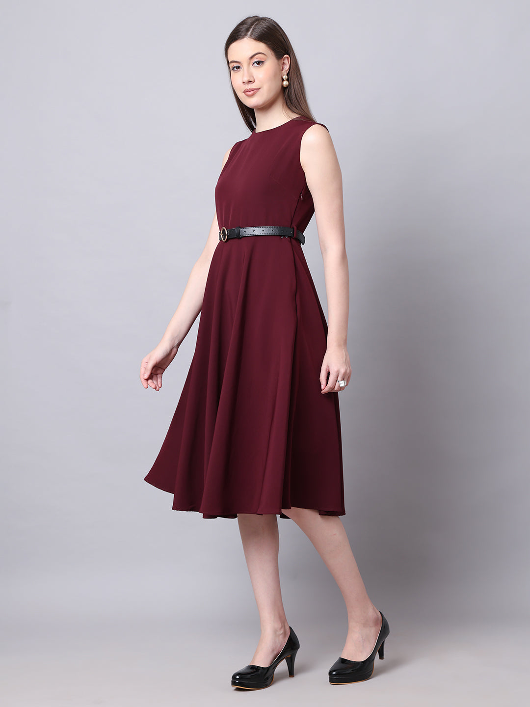 Exude Warmth Fit & Flare Dress with Belt (Wine) Exude Warmth Fit & Flare Dress with Belt (Wine)