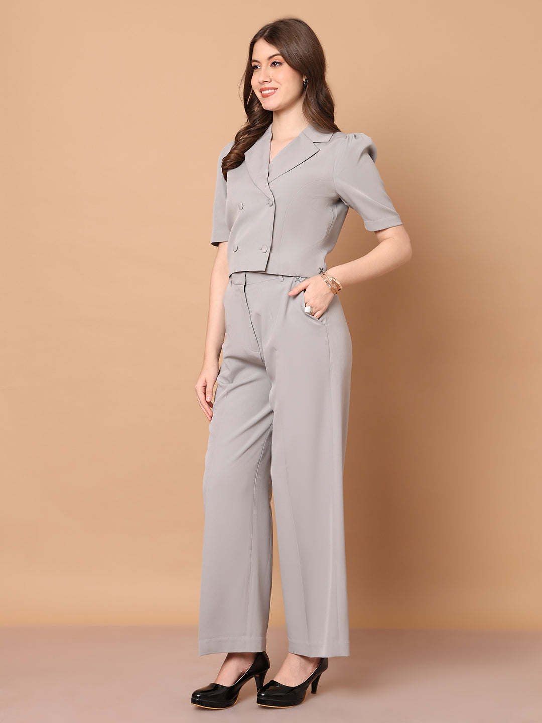 Exude Daring Dreams Crop Blazer with Wide Leg Trouser Grey Blazers