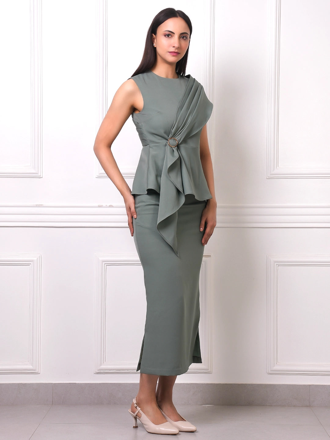 Sage Green Draped Peplum Co-ord Set
