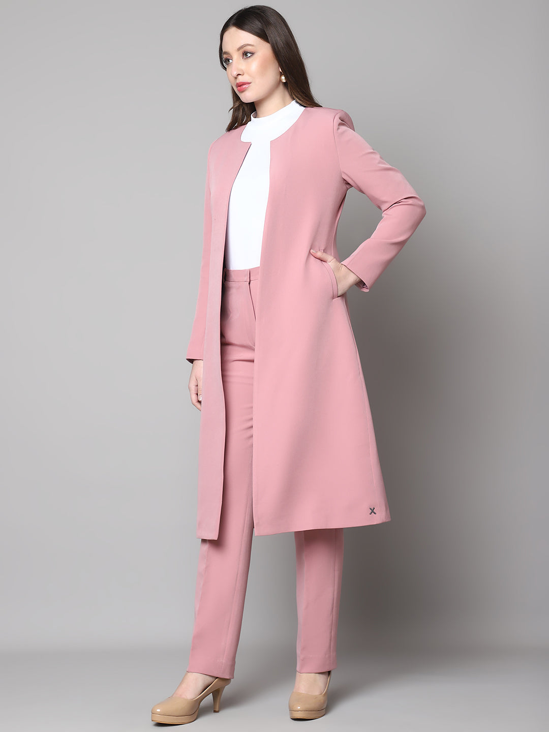 Exude Phoenix Rising Long Blazer and Straight Fit Trouser Dusty Pink Suit
