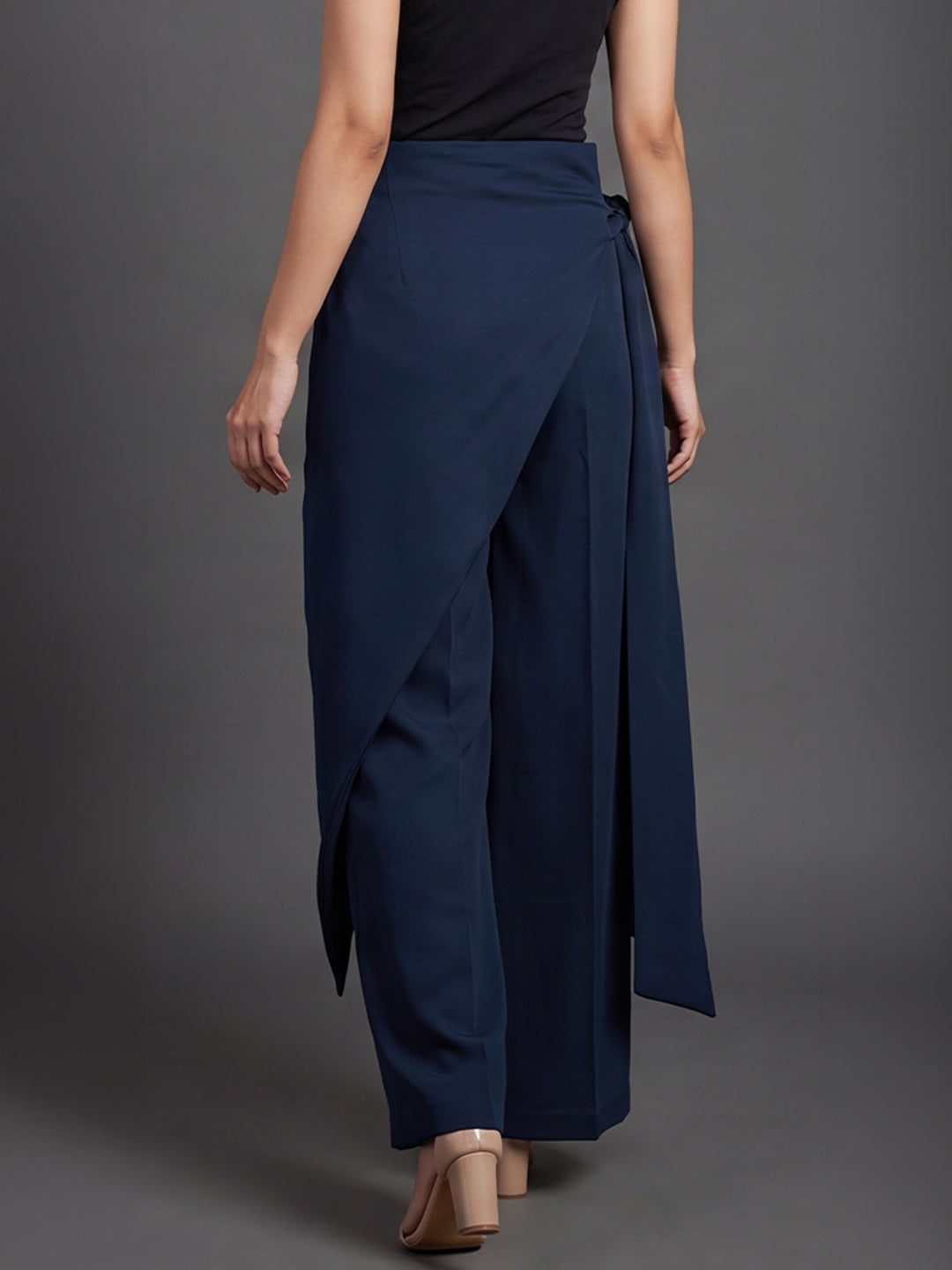 Navy Blue Draped Wrap Wide Leg Trousers with Tie Detail