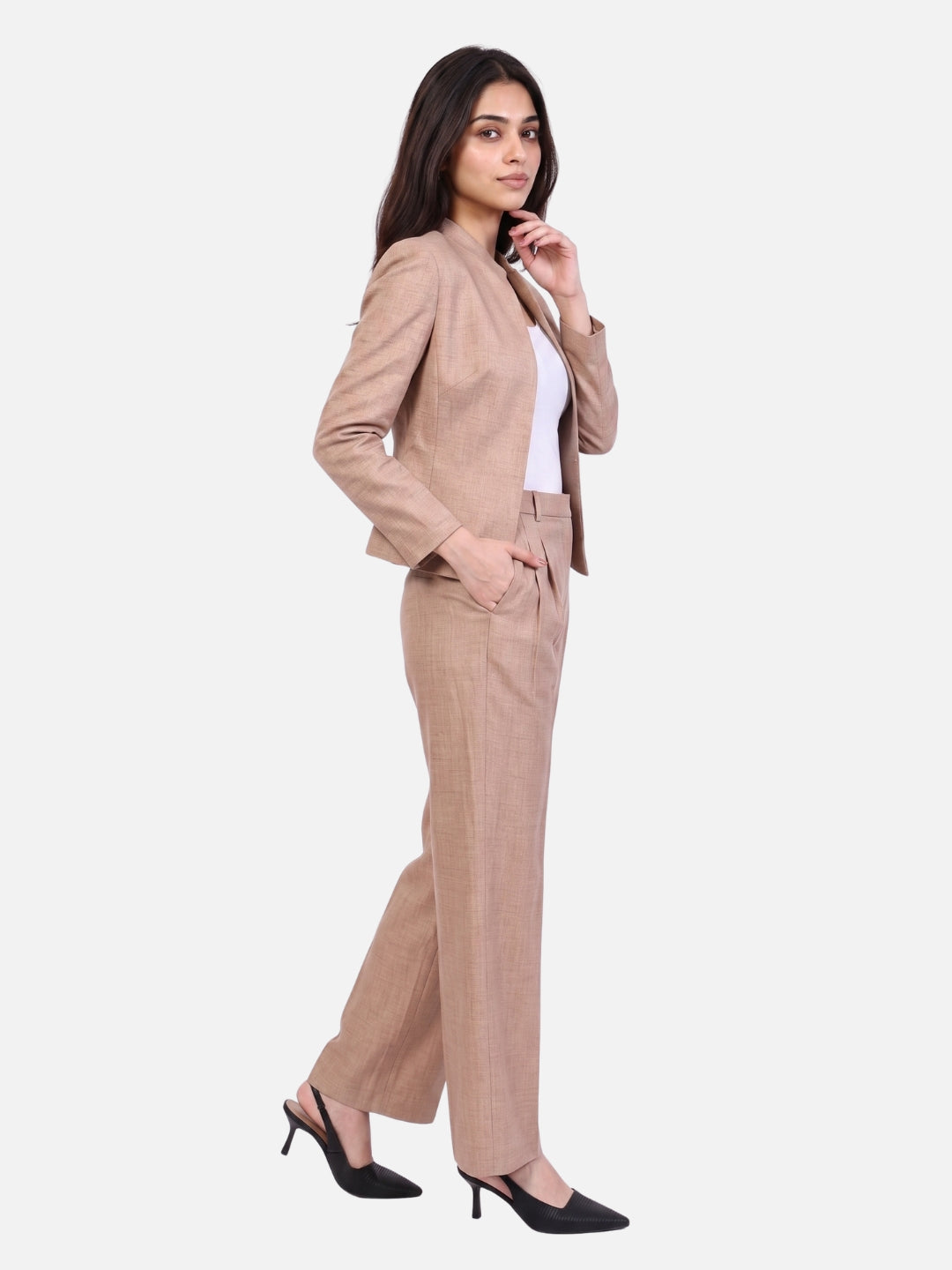 Exude Power Mandarin Collar Linen Blazer with Straight Fit Trousers (Beige)