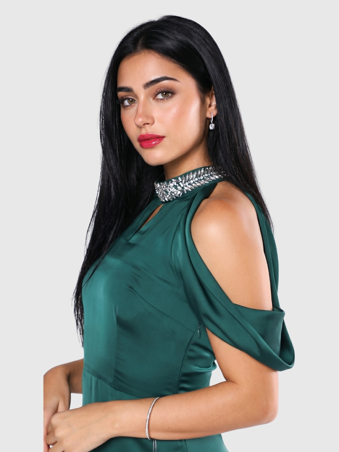 Exude Emerald Aura Cold Shoulder Satin Dress