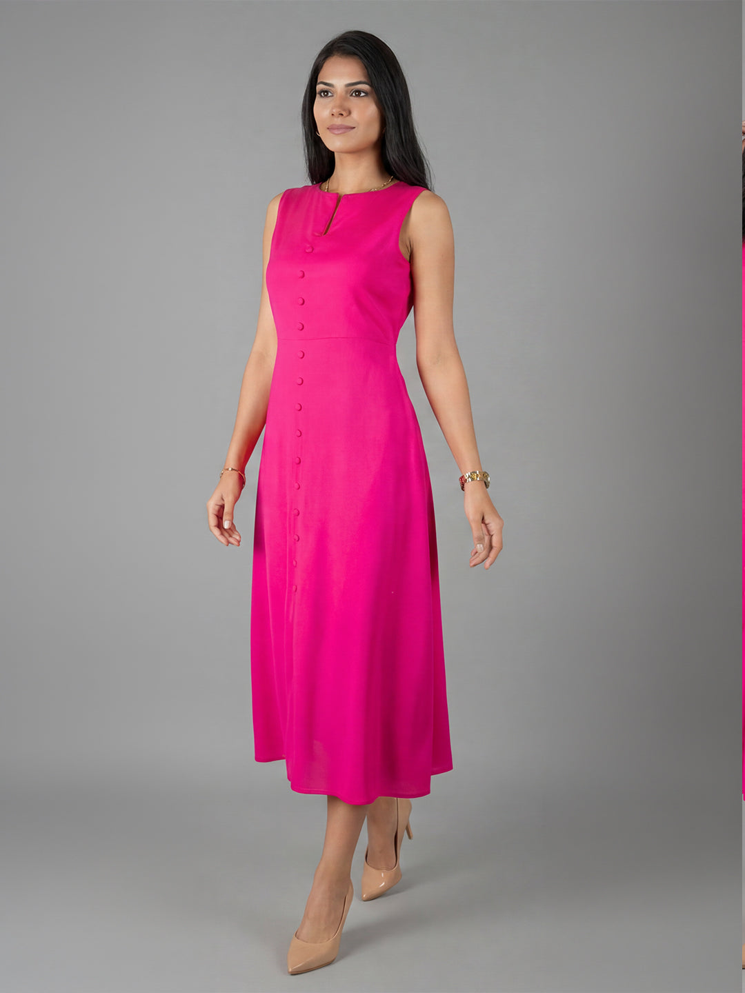 Exude Glowing Front Button Dress With Pockets (Fuscia)