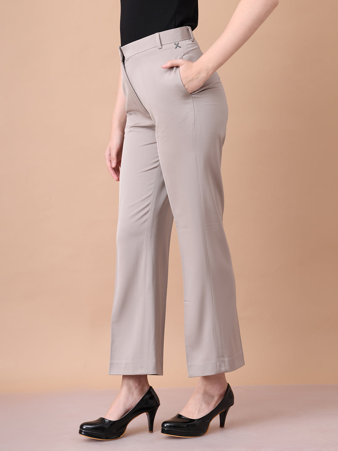 Exude Soulful Styles Straight Fit Matt Satin Trouser Light Beige Trouser