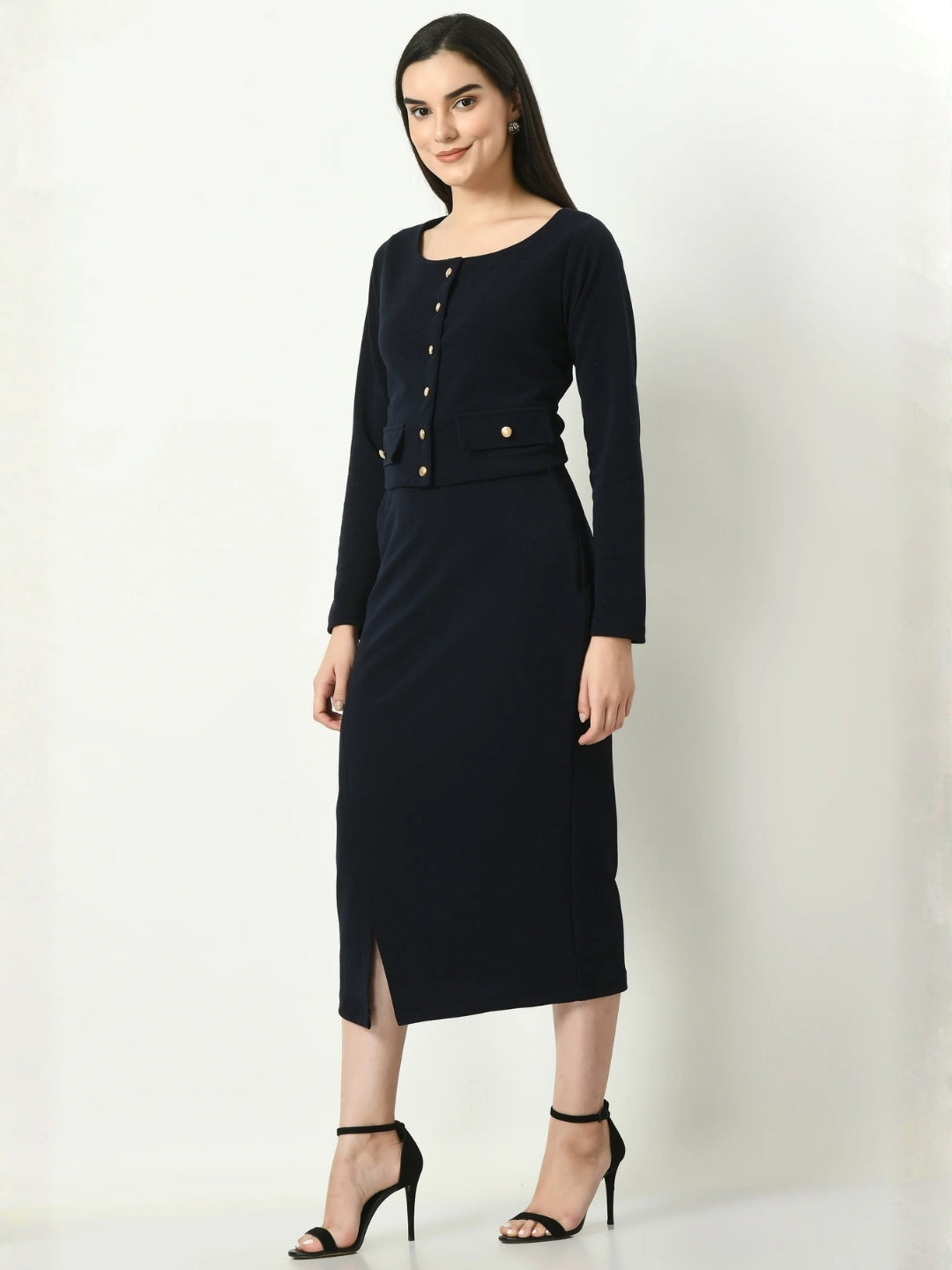 Exude Euphoria Pencil Midi Skirt with Front Slit Navy Skirts