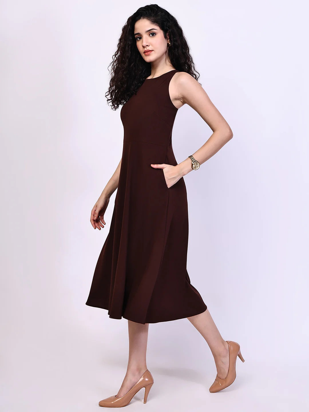 Exude Golden Glow Brown Maxi Dress with Pockets Dresses