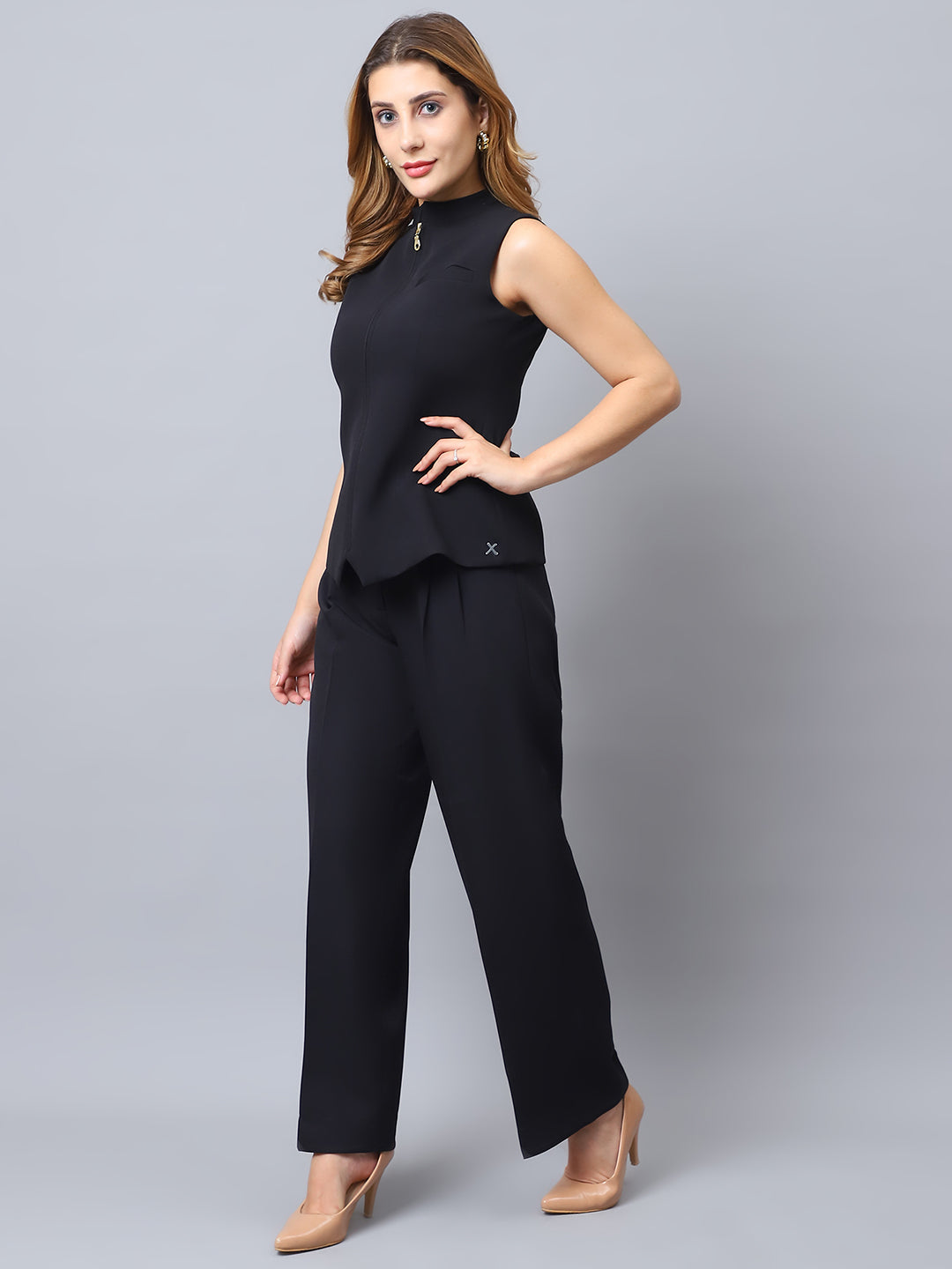 Zip-Front Waistcoat & Wide-Leg Trouser Set Black