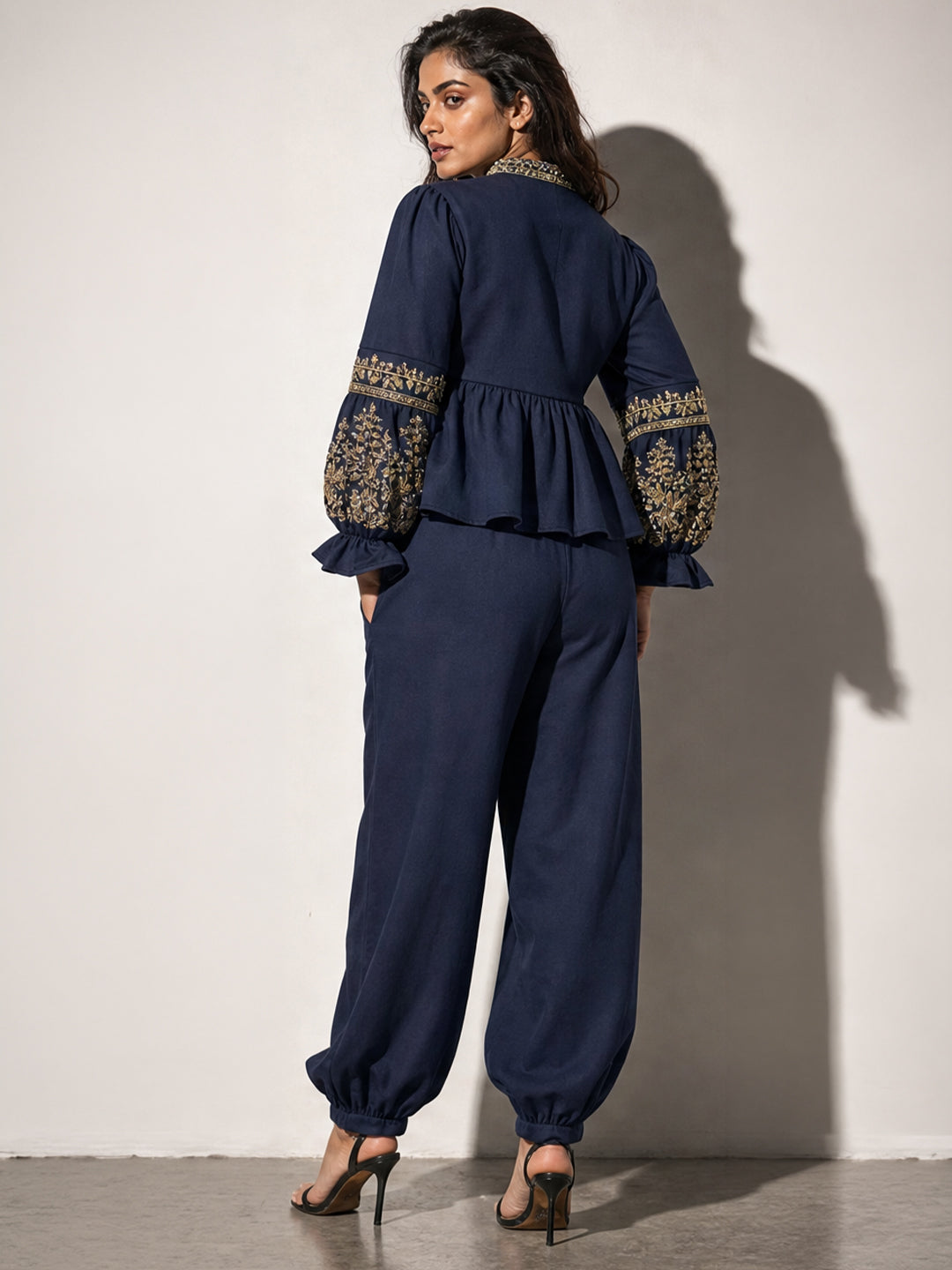 Navy Blue Embroidered Peplum Top & Pants Co-ord Set