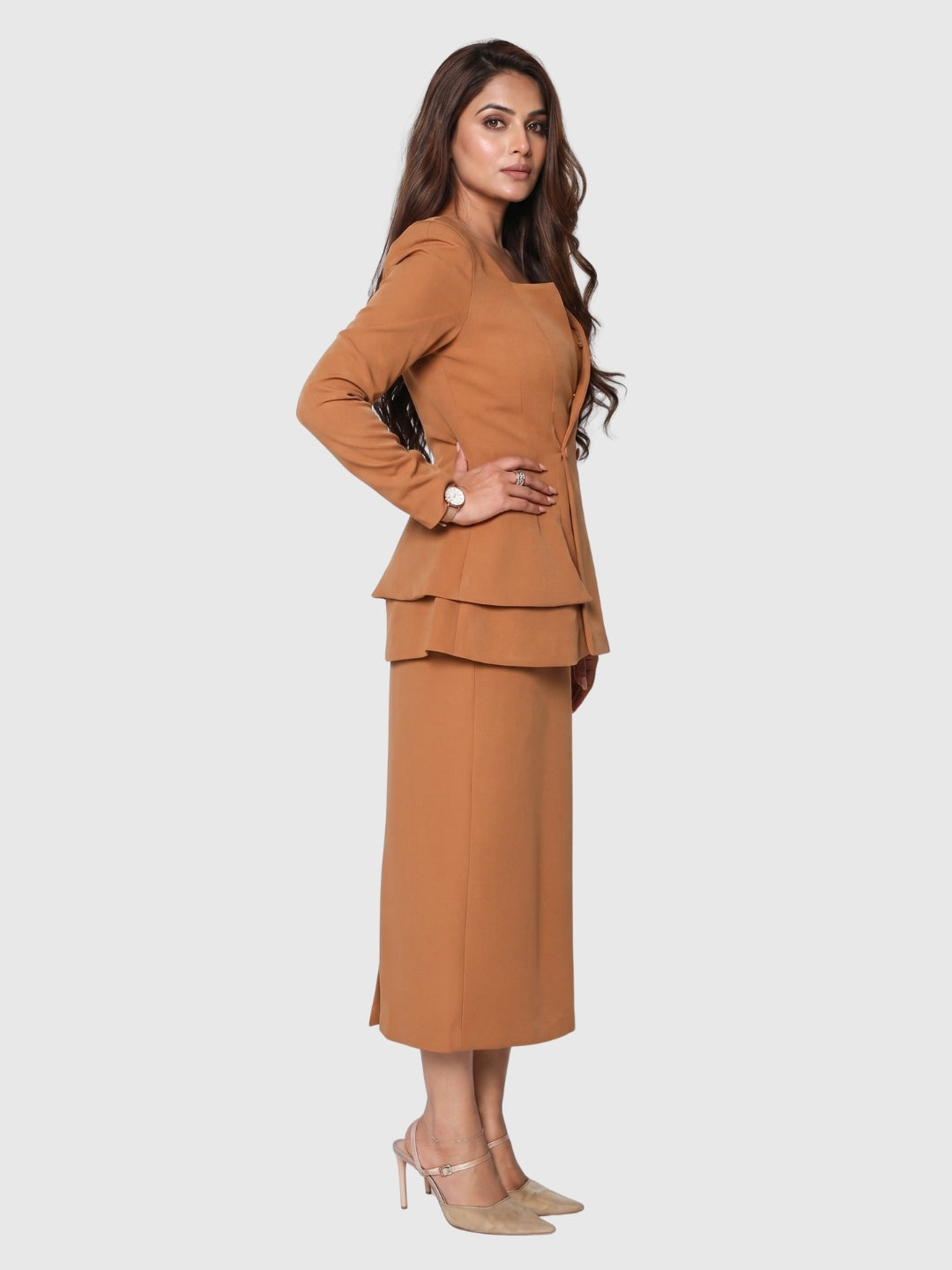 Exude Mocha Peplum Blazer Dress Set