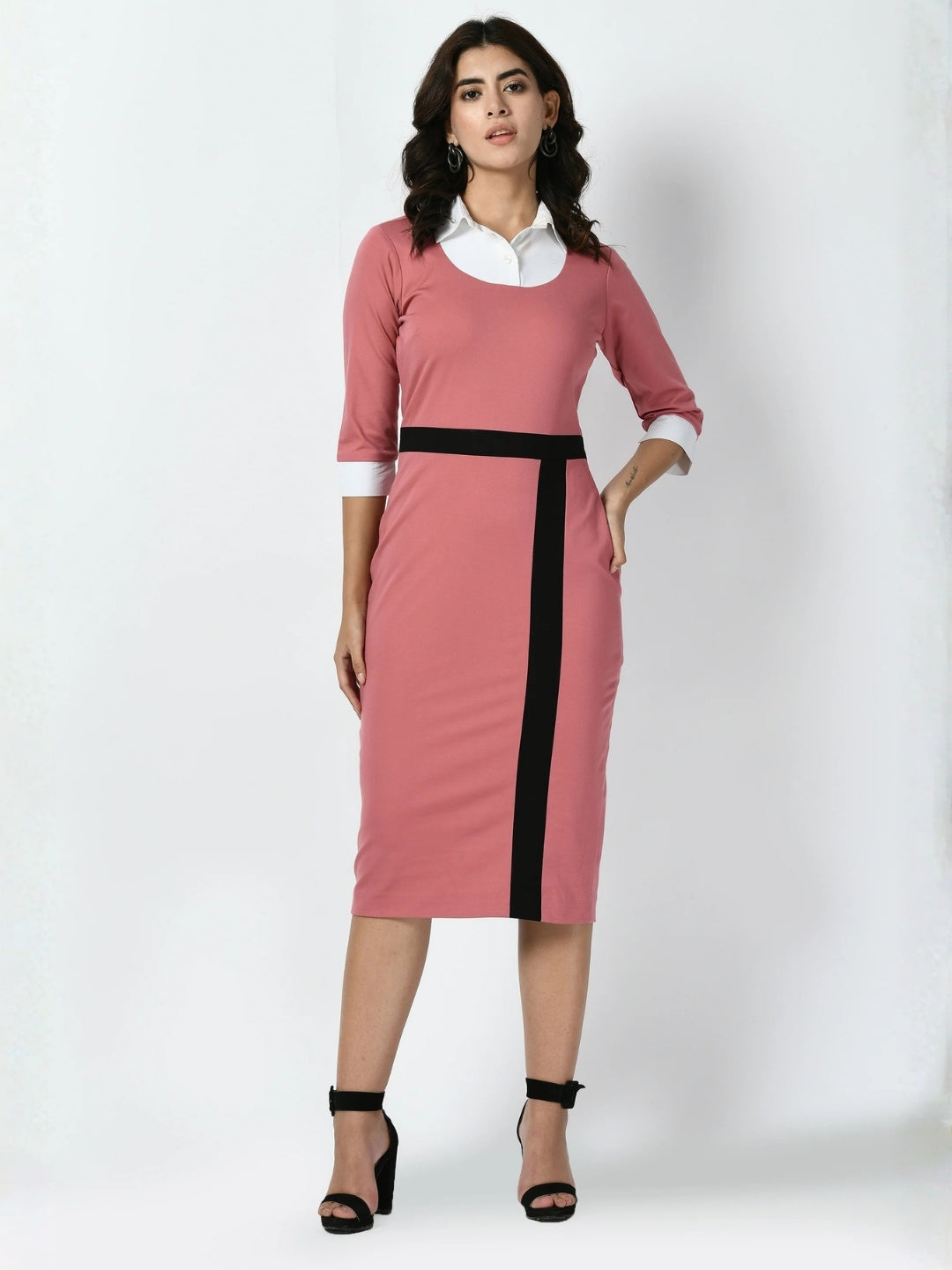 Exude Paramount Shirt Colour blocked Sheath Dress Watermelon Pink Dresses