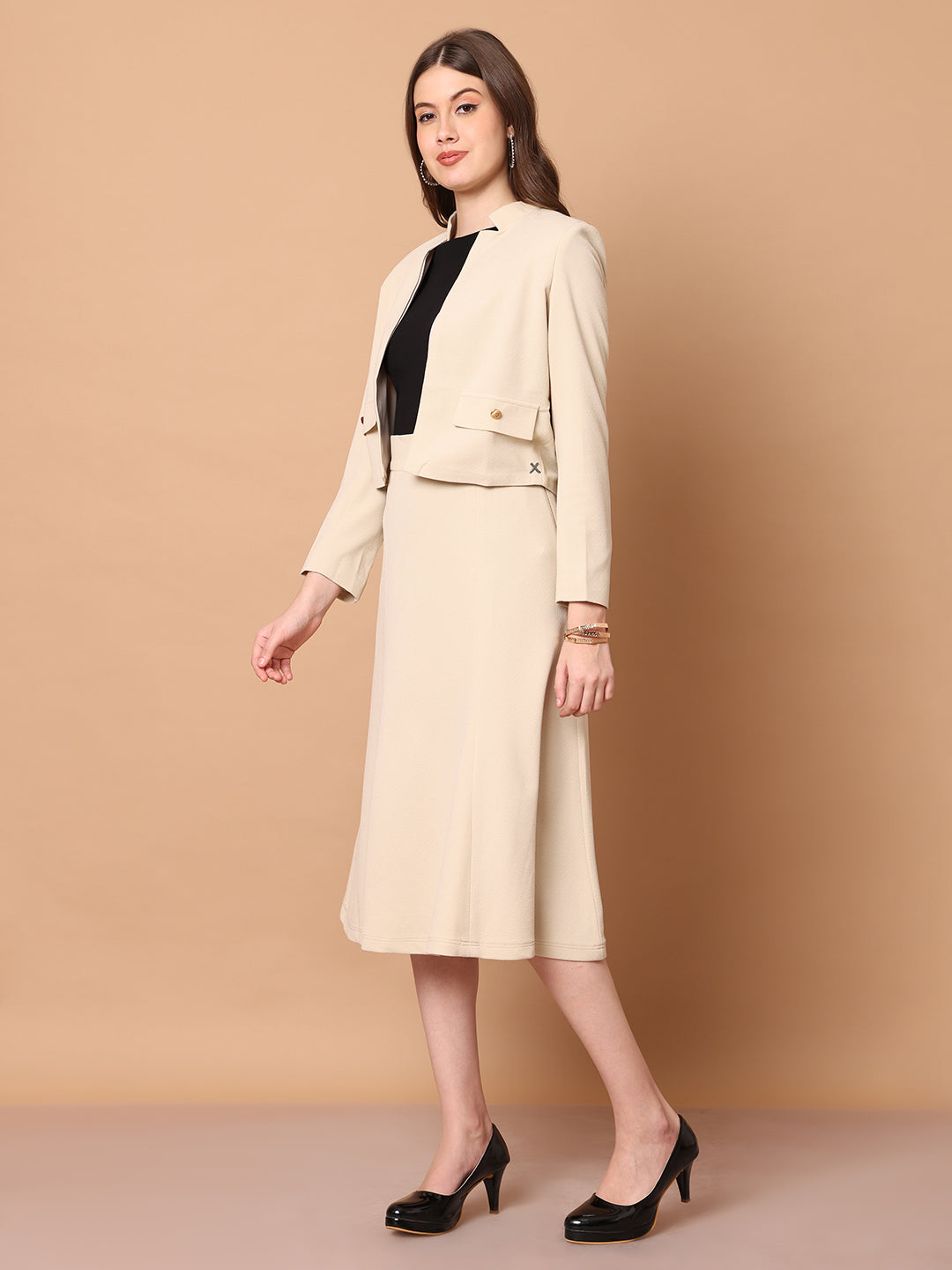 Exude Exuberant Mandarin Collar Blazer with Midi A-line Skirt Beige