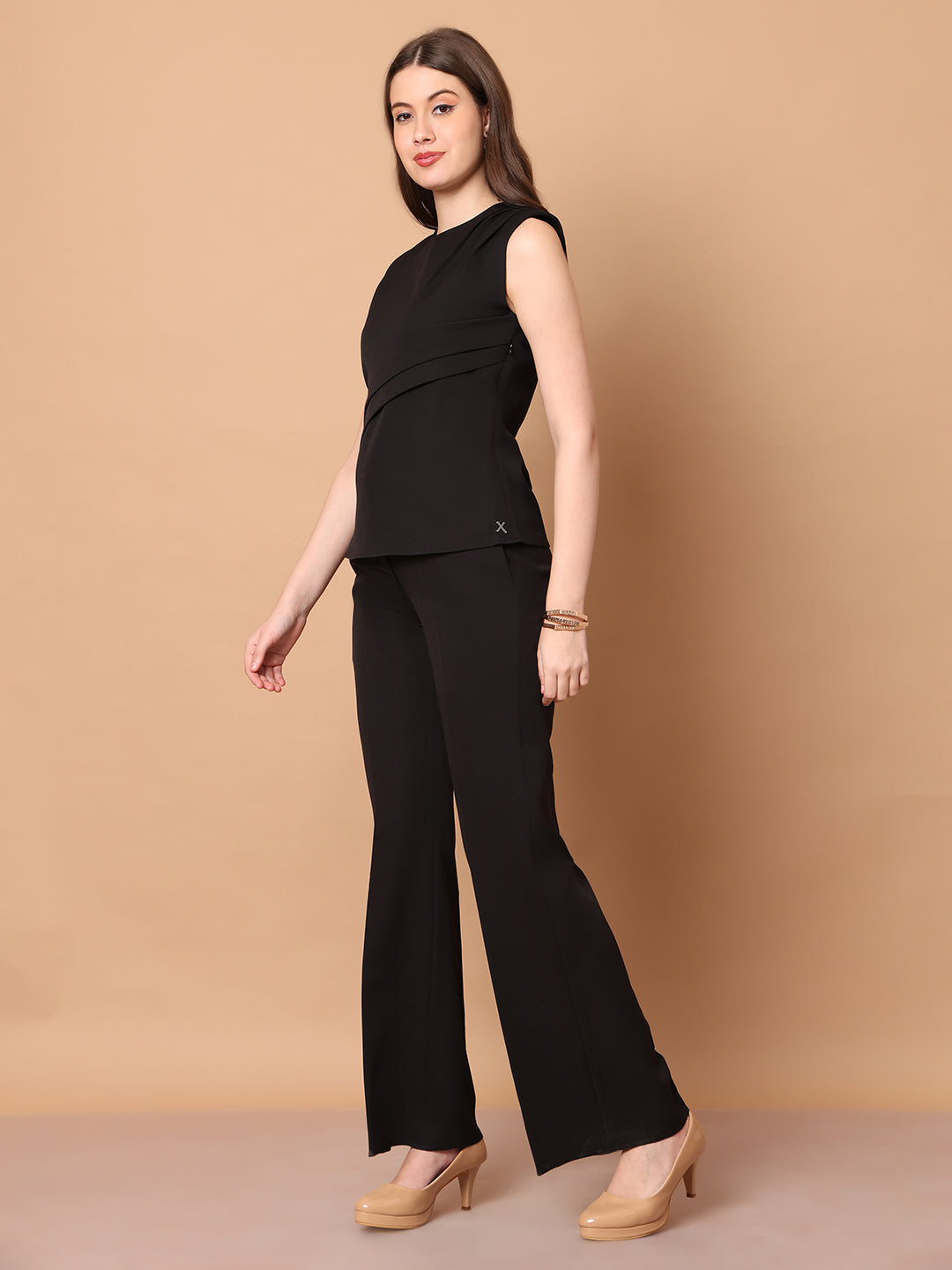Exude Mystique Moments Shoulder and Side Pleat Top Black Tops