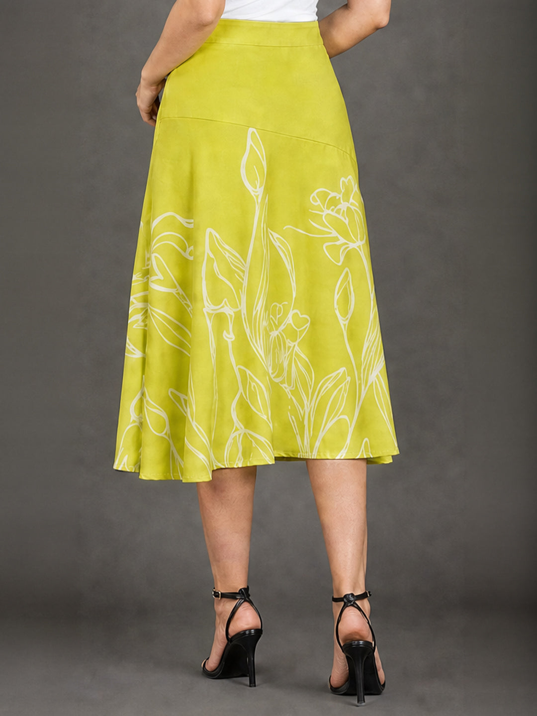 Lime Green Floral Line Art A-Line Midi Skirt