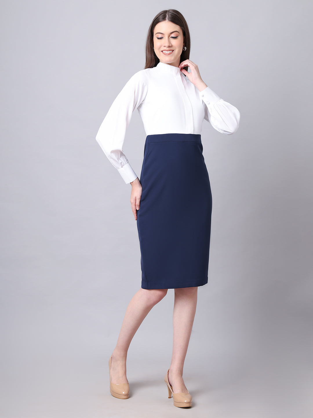 Exude Show-Stopping Colour Block with High Neck Dress Navy Dresses
