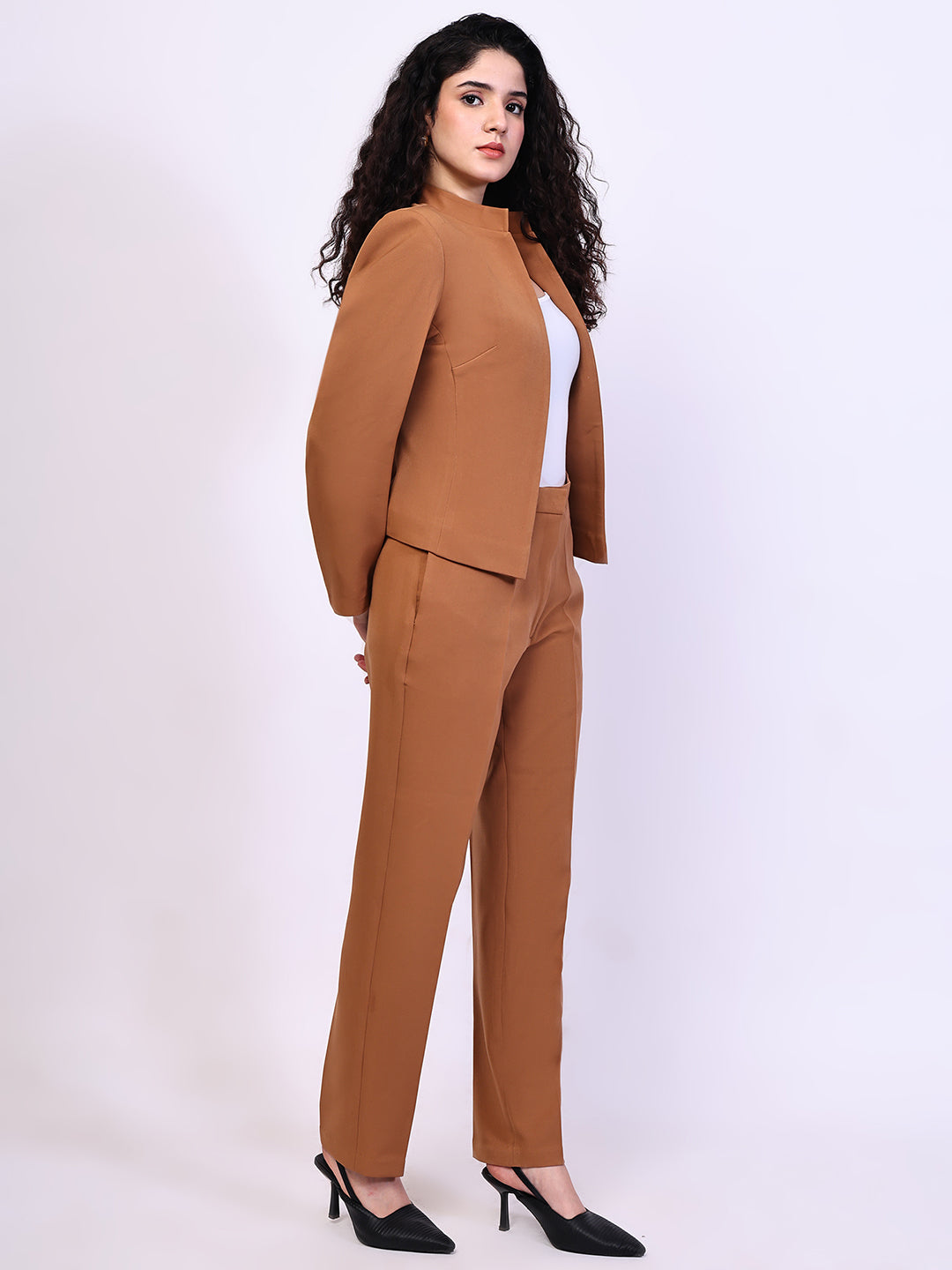 Exude Power Mandarin Collar Short Blazer with with Straight Fit Trousers (Tan)