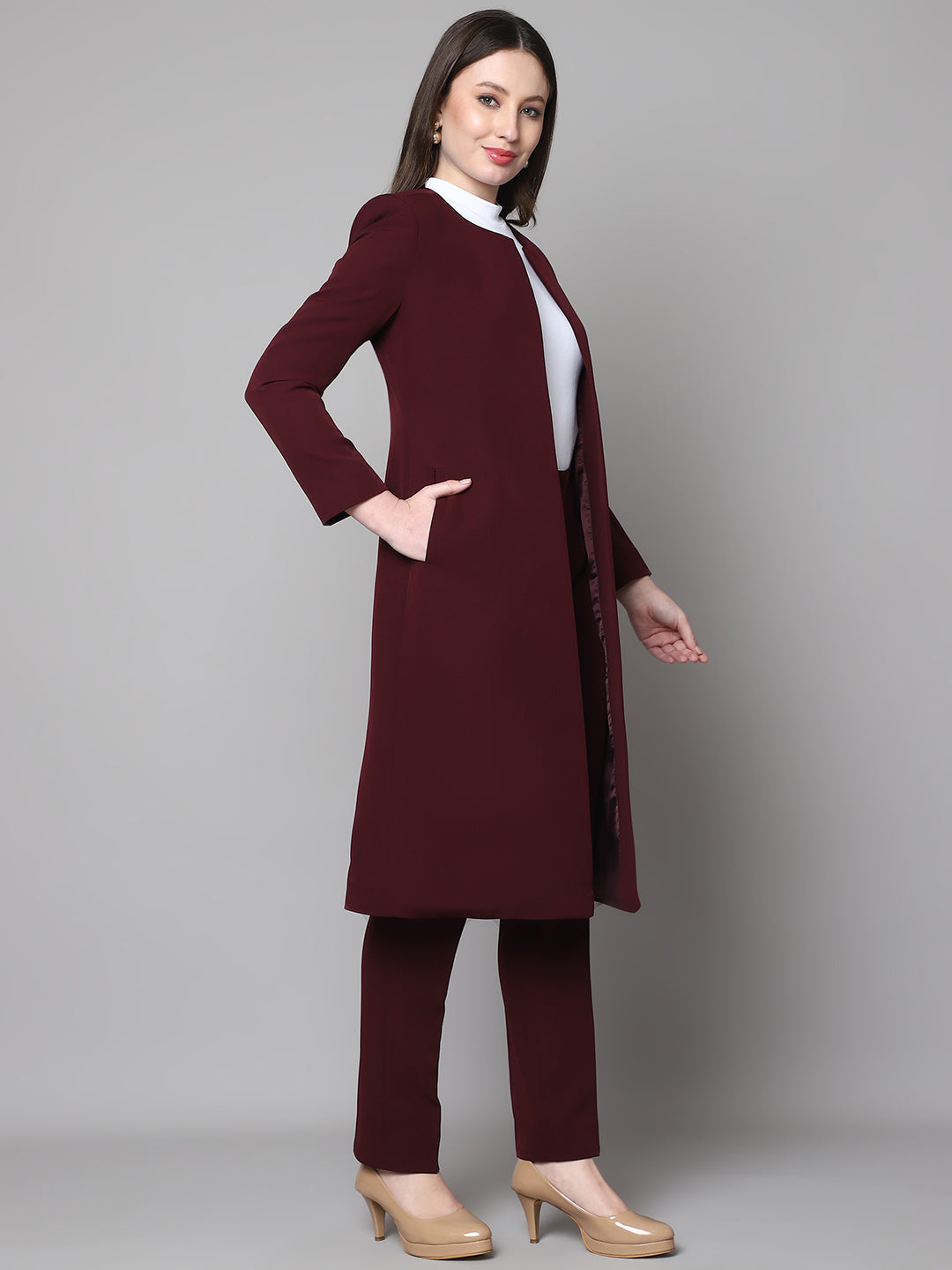Exude Crowned Confidence Long Blazer Wine Blazers