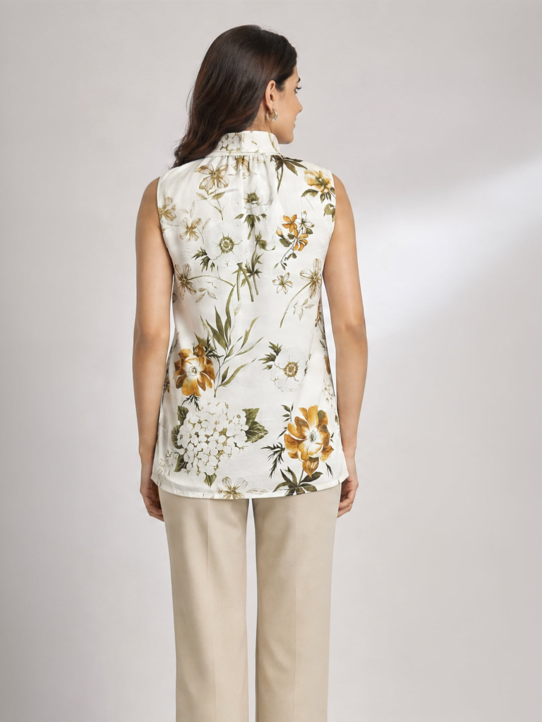 Ivory Floral Print Sleeveless Top with Attached Scarf