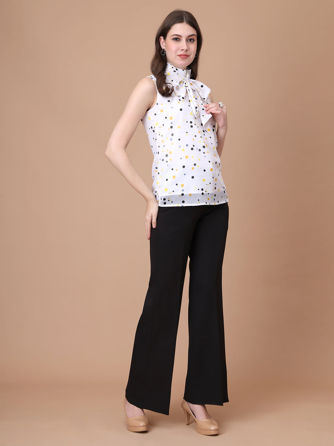 Exude Graceful Threads Sleeveless Polka Top with Front Tie Tops