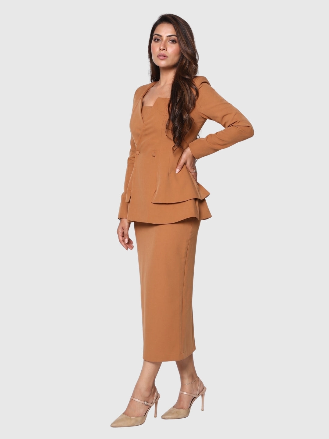 Exude Mocha Peplum Blazer Dress Set