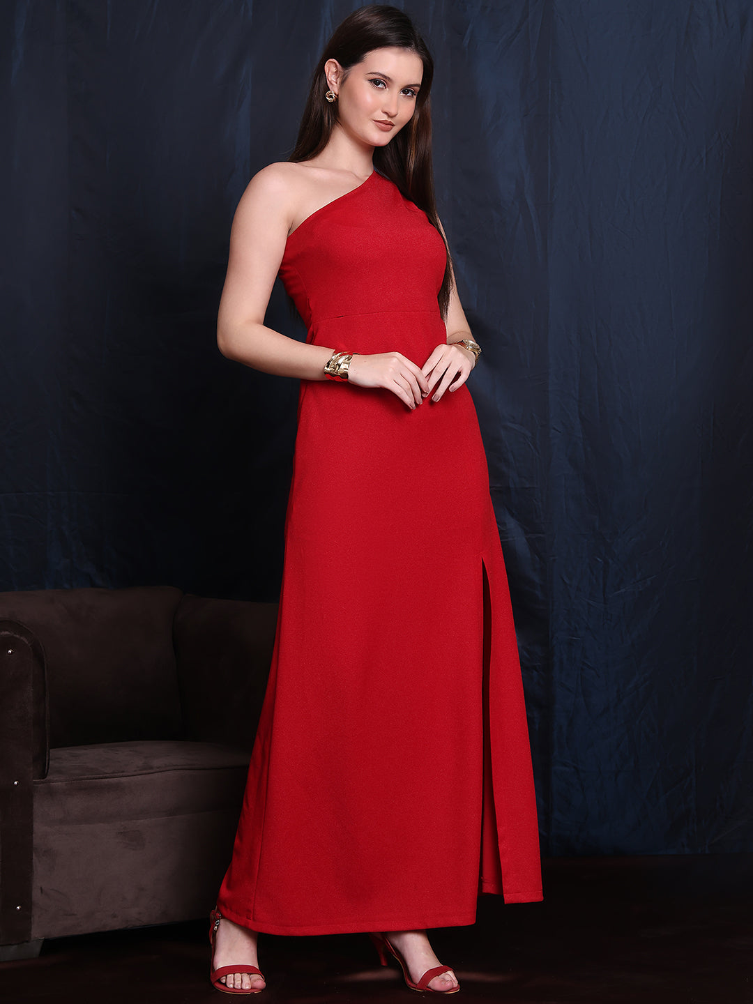 Exude Ravishing Radiance Red Gown Unique One-Shoulder Design