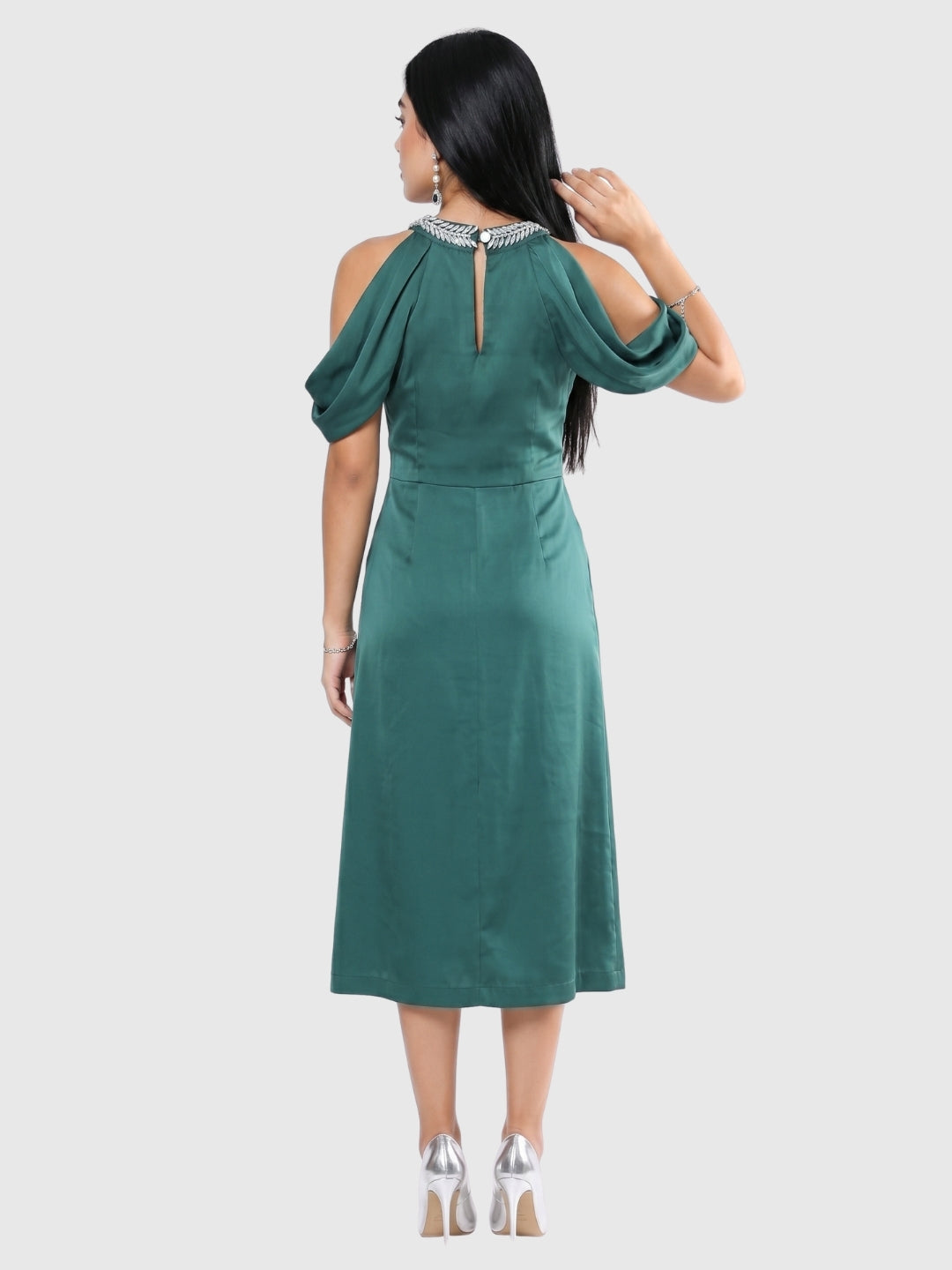 Exude Emerald Aura Cold Shoulder Satin Dress